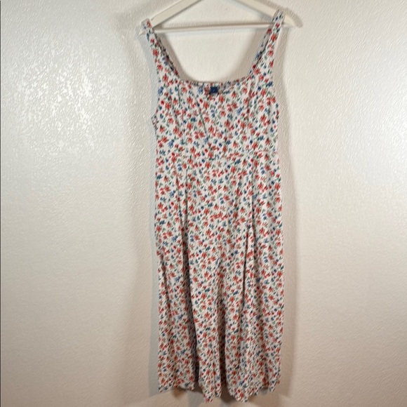 Old Navy Red White Blue Floral Linen Sweetheart Dress Smocked Back Midi Size LG - Picture 1 of 10